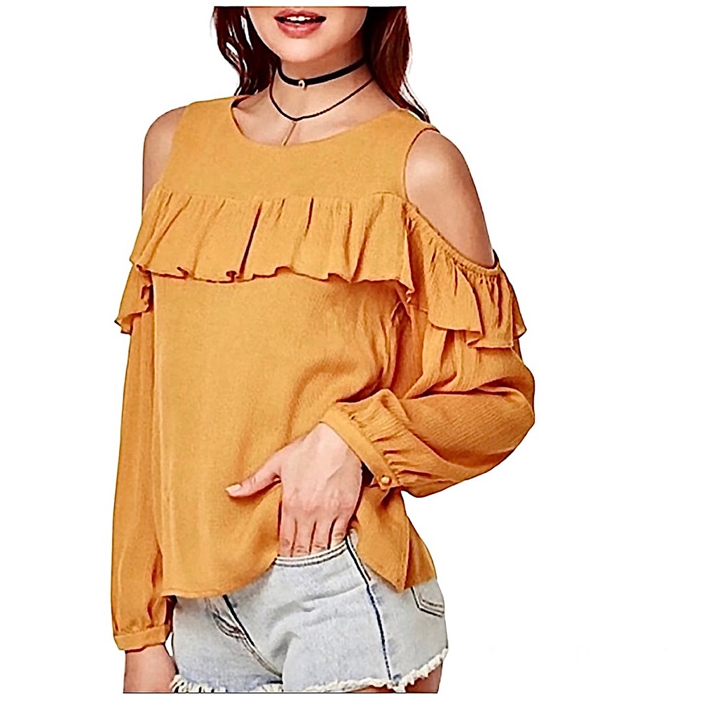 Anthropologie MAEVE Brearly Cold Shoulder Ruffle Top Mustard Yellow Orange Boho